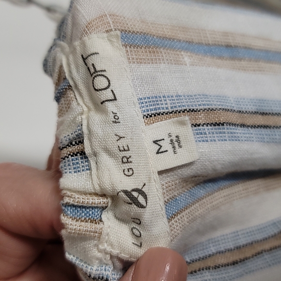 Lou & Grey 100% Linen Striped Blue, Tan & Ivory Sleeveless Romper Women's Medium - Picture 3 of 5